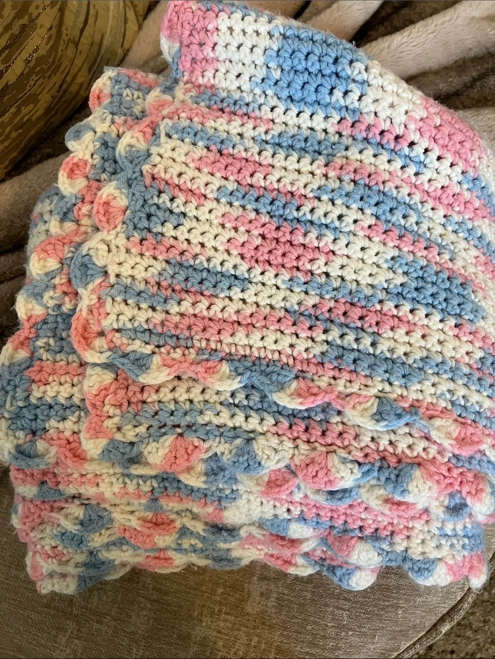 Handmade Pastel Crochet Throw Blanket - Pink, Blue & Cream